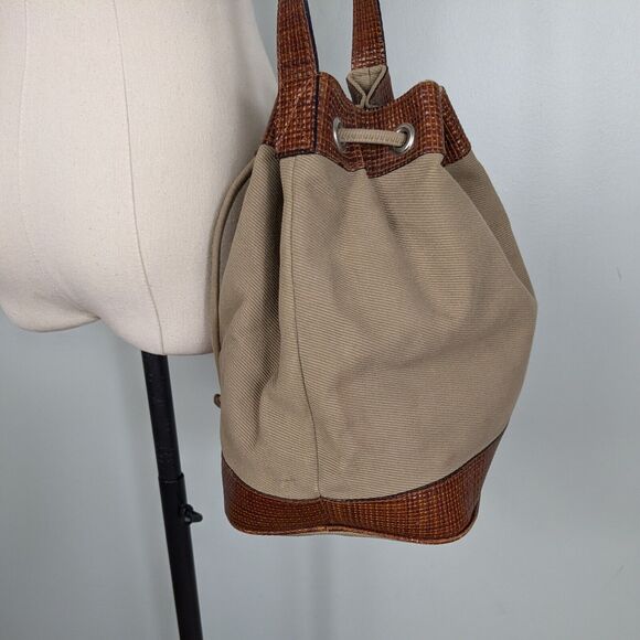 Vintage Talbots Bucket Bag Tan Brown Y2K Handbag Purse Leather Canvas Crossbody - Picture 4 of 16